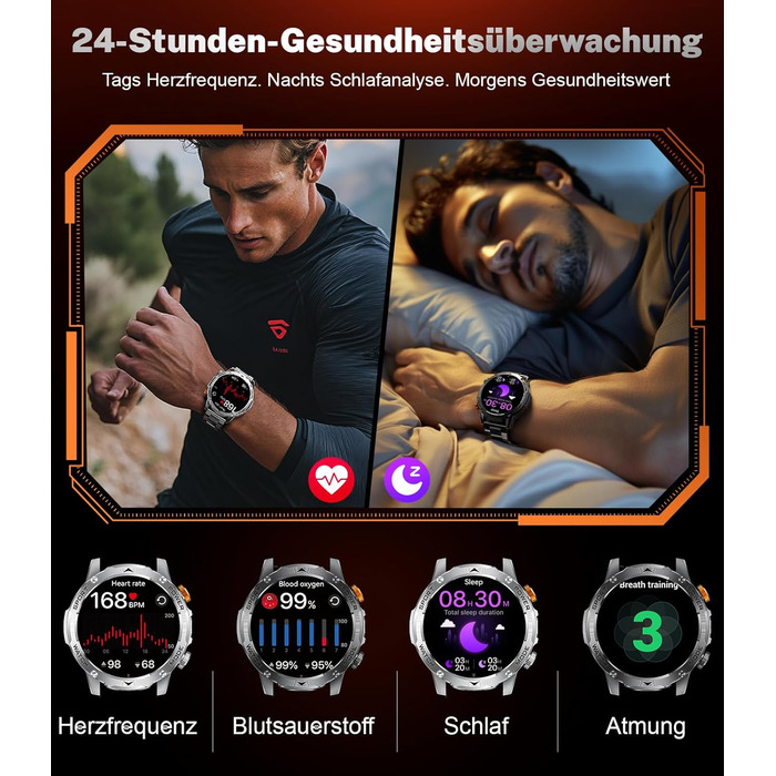 Чоловічий військовий смарт-годинник - акумулятор 1000 мАг/великий HD-дисплей 1,75 дюйма, смарт-годинник з ліхтариком/дзвінками через Bluetooth/130 спортивних режимів, водонепроникний фітнес-годинник IP68 з монітором серцевого ритму/сну, для Android iOS EF