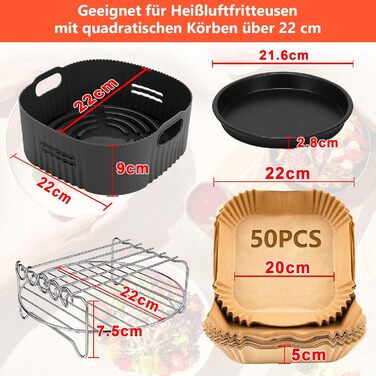 Аксесуари для фритюрниці 4PCS 22CM - Аксесуари для фритюрниці Philips Airfryer XXL 7.2 л, 8.3 л, COSORI 5.5 л, Princess 6.5 л, Ninja 6.2 л, решітка для гриля Форма для піци Папір для випічки Силіконова форма для фритюрниці