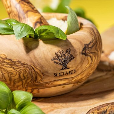 Набір розчинів і пестликів SOLTAKO з оливкового дерева - Ступка - Дерев'яна ступка - Екологічна трава, Розчин для спецій Ø Діаметр