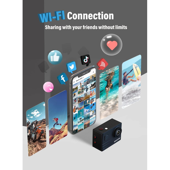 Підводна камера 40M Водонепроникна 20MP WiFi із широким кутом 170 Зовнішній мікрофон Ultra HD Бездротовий пульт дистанційного керування 2.4G 2x1050mAh Акумулятори та аксесуари, 60 Action Cam 4K/30FPS