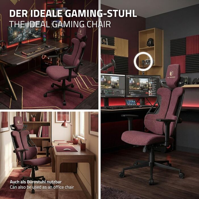 Ігрове крісло ML-Design, тканина, червоне, ергономічне офісне крісло, 3D підлокітники, підголівник, поперекова підтримка, індивідуально регульоване ігрове крісло, геймерське крісло, комп&39ютерне крісло, письмове крісло для домашнього офісу