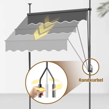 Тент з кріпленням на затискачі та ручним приводом, ширина 150 см, балконний тент з ручним регулюванням висоти без свердління, захист від ультрафіолету, сонцезахисний козирок, водонепроникний для використання на вулиці, для патіо, балкону, саду, антрацит