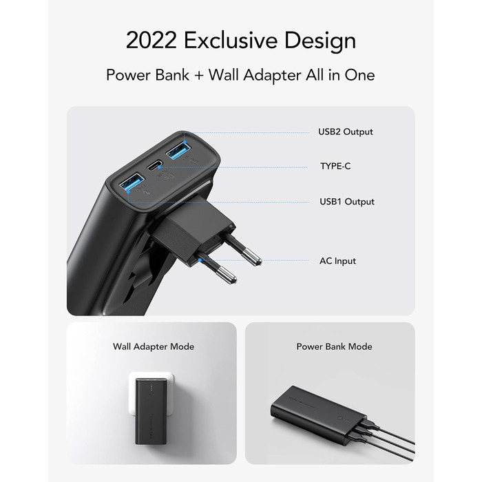 Швидка зарядка, 10000mAh Power Bank Socket AC Зовнішня батарея USB C PD QC3.0 Портативний зарядний пристрій Складаний адаптер живлення Сумісний з iPhone Samsung Huawei Смартфон, 22.5W