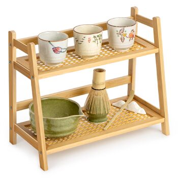 Органайзер для кавової станції з плетеним виглядом, 2-рівнева бамбукова полиця для матчі та кавових аксесуарів, підставка для чашок для кухні, дому та офісу, органайзер для спецій, натуральний колір