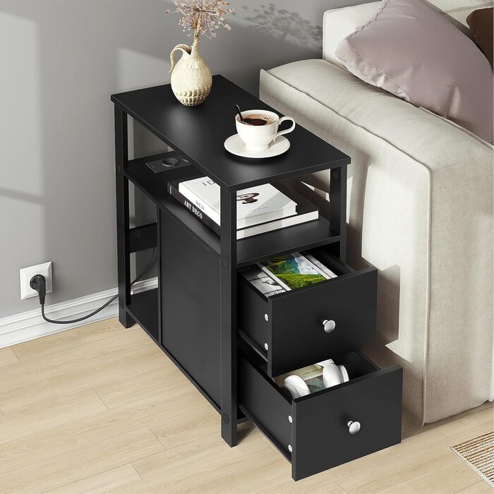 Журнальний столик WOLTU з розеткою, тумбочка з функцією заряджання, вузький диван-столик, з 2 шухлядами, 2 полицями, 1 відділенням, для вітальні/спальні, 60x60x30 см, чорний, BTS28sz