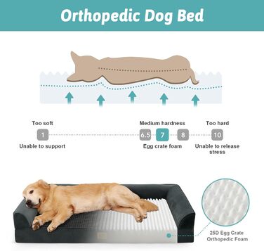 Ортопедичне ліжко для собак, диван для середніх або великих собак, великий підтримуючий кушетка з пінопласту з водонепроникною підкладкою, протиковзкий, що прається, U-подібна, 44x32x7 дюймів, чорний колір, Д 110 x Ш 80 x В 18 см