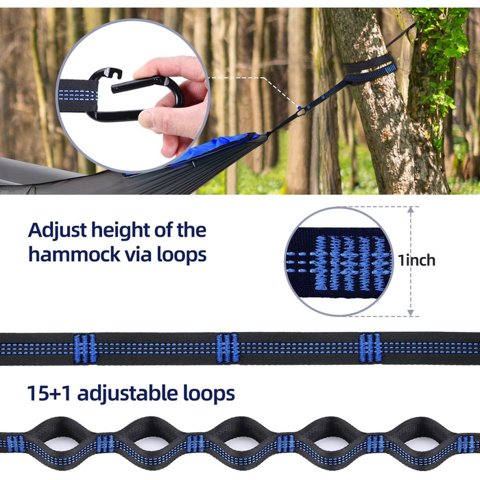 Гамак з москітною сіткою, 300 x 180 см Відкритий гамак Sportneer вантажопідйомністю 200 кг Кемпінговий гамак, гамаки з 2 карабінами преміум класу, 2 нейлоновими стропами, включаючи темно-синій сірий