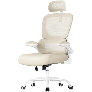 Офісне крісло SONGMICS, стілець для столу, ергономічне сітчасте крісло, з двошаровою сітчастою тканиною, повітропроникне, адаптивна поперекова підтримка, регульований підголівник, для домашнього офісу, пісочно-бежевий OBN041L01 Пісочно-бежевий подвійна сп