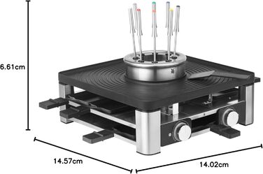 На 8 осіб, раклет фондю комбо, електричний, контроль температури, освітлення, 1800 Вт, компактний, матовий з нержавіючої сталі, 3in1 Gourmet Station