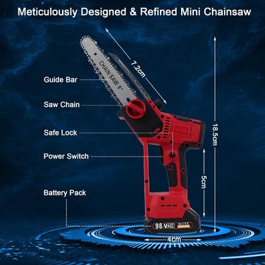Міні-бензопила з акумулятором 4000mAh, 8-дюймова міні-бензопила електрична бензопила ручна бензопила акумуляторна одноручна бензопила, світлодіодний індикатор живлення, безщітковий двигун 21V 960W, 2 акумулятора 2000mAh, 2 ланцюги