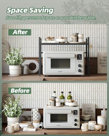 Розширювана полиця для мікрохвильової печі NETEL, 2-рівнева, полиця над мікрохвильовою піччю, підставка для мікрохвильової печі на стільницю, кухонна полиця для духовки/кавоварки, стабільна підставка для мікрохвильової печі з 8 гачками, чорна, 2-рівнева -