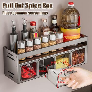 Підставка для спецій з банками для спецій, окремостояча та настінна підставка для спецій, банки для спецій з полицею, підставка/тримач для спецій, органайзер для спецій для кухонної стільниці та шафи, підвісні підставки для спецій (не потребує свердління)