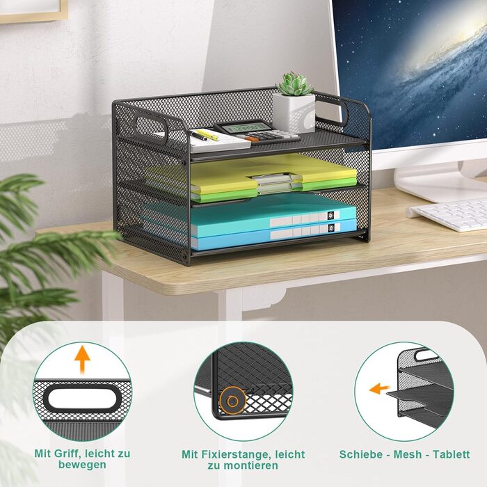 Рівневий органайзер для столу OUTWOLF, сітчастий органайзер для паперу з ручкою, органайзер для лотка для паперу, органайзер для файлів формату A4, паперу, книг, журналів, чорний, 3-