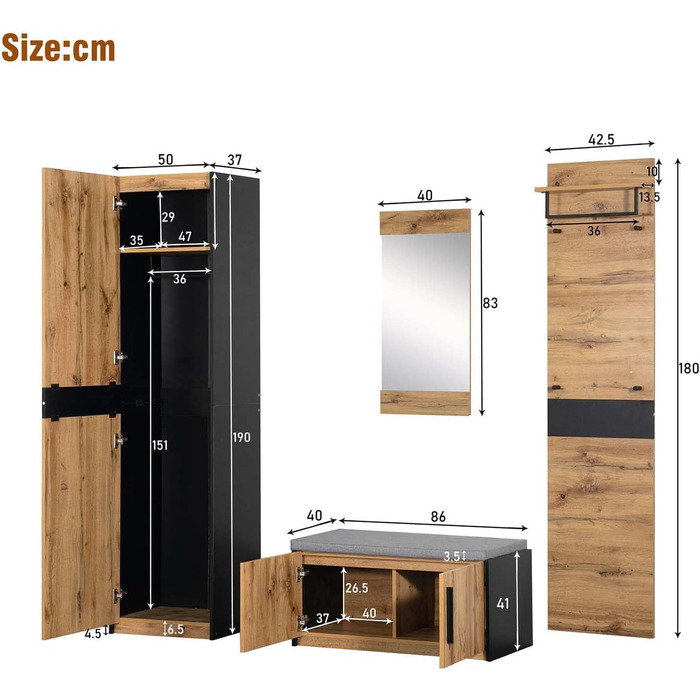 Шафа для одягу 4 предмети з дзеркалом і лавкою, Шафа для одягу, Меблі для гардеробу, Шафа для одягу, Стильна компактна шафа з 4 га