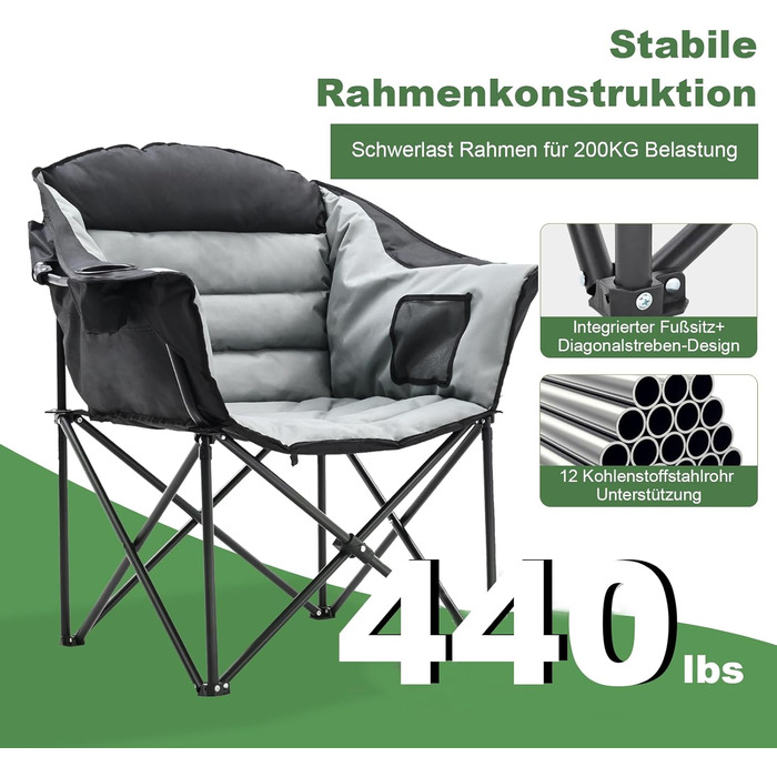 Складане кемпінгове крісло вантажопідйомність 200 кг з подушкою сидіння 6 см - Велике складне рибальське крісло для кемпінгу, саду та фестивалів - Міцне кемпінгове крісло з боковими кишенями та сумкою для перенесення Чорнесіре стандартне кемпінгове крісло