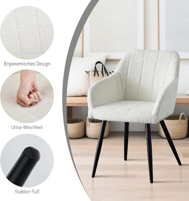 Обідні стільці CLIPOP, Комплект з 4 предметів, Крісла, Сидіння Teddy Boucle Beige, М&39які стільці для їдальні, кухні, вітальні (4, Boucle Beige) Комплект з 4 предметів Boucle Fog White