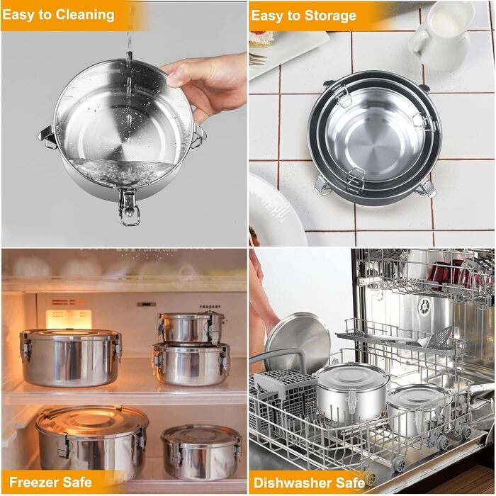 Контейнери з нержавіючої сталі з кришками, 3 шт., ланч-бокс з нержавіючої сталі 304, герметичний металевий контейнер, ідеально підходить для походів, обідів, залишків їжі, супів, салатів