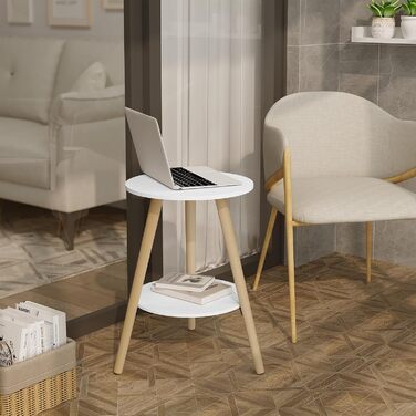 Круглий журнальний столик EUGAD, журнальний столик з 2 полицями, столик для вітальні, тумбочка, сучасний білий колір, маленький столик з місцем для зберігання, столик-диван, виготовлений з МДФ дерева, для вітальні та спальні, 38x55x38 см