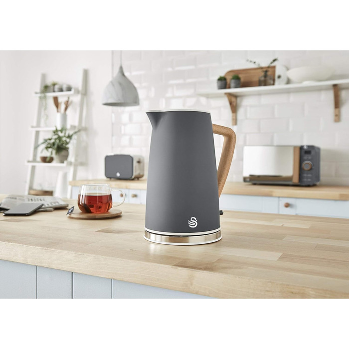 Набір для сніданку Swan Nordic, чайник, 1,7 л, 2200 Вт, тостер з широким отвором, 2 скибочки, цифрова мікрохвильова піч 20 л, сучасний дизайн, вигляд дерева, сірий