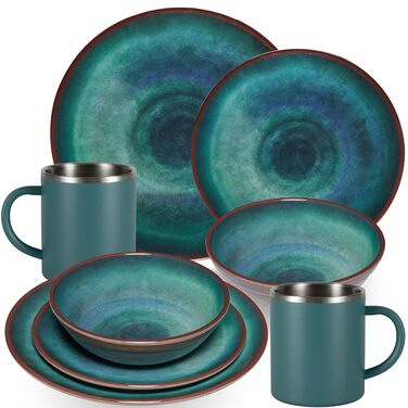Набір меламінового посуду Jesolo зелений для 2 осіб - з чашками з нержавіючої сталі, вигляд кераміки, можна мити в посудомийній машині, кемпінговий посуд, караван, кемпінг, фестиваль - чашка з нержавіючої сталі бірюзового кольору