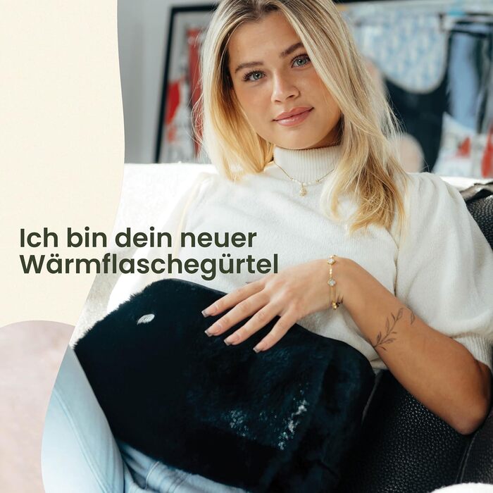 Пояс для грілки KUNU Original - Преміальна довга грілка з поясом - Пояс для нагрівання під час менструації 130 см - Плюшева грілка з кришкою - Пояс для грілки з подарунковою упаковкою, пухнастий чорний