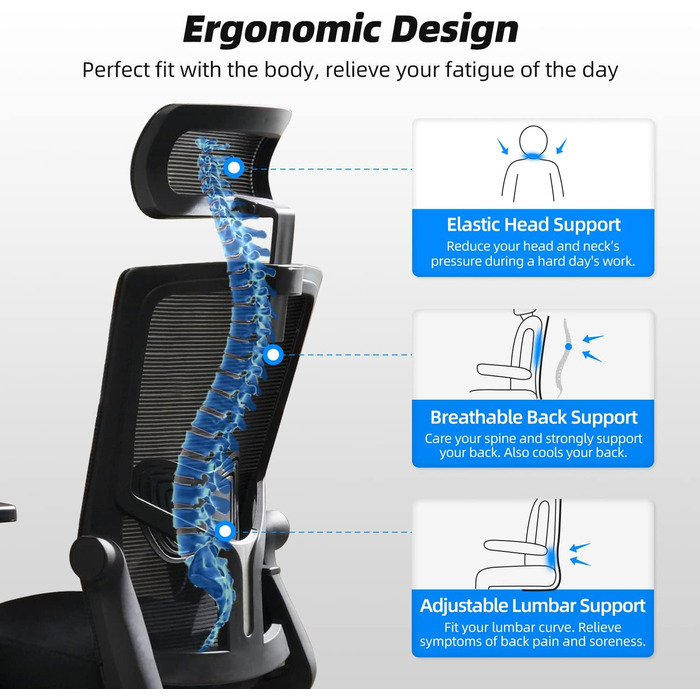 Ергономічний офісний стілець, стілець для робочого столу з регульованим підголовником, підлокітниками, поперековою опорою, поворот
