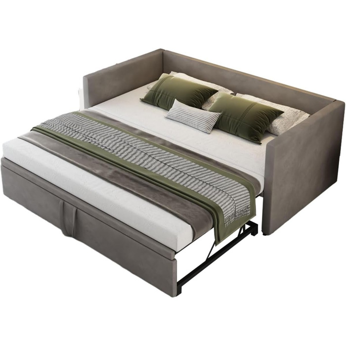 Диван-ліжко шириною 200 см, розкладний диван-ліжко, настінне ліжко з диваном, ліжко-мерфі 90/180 x 200 см, м&39яка розкладна кушетка з рейковим каркасом, двоспальне ліжко, оксамитова тканина, без матраца (сірий) Сірий 01