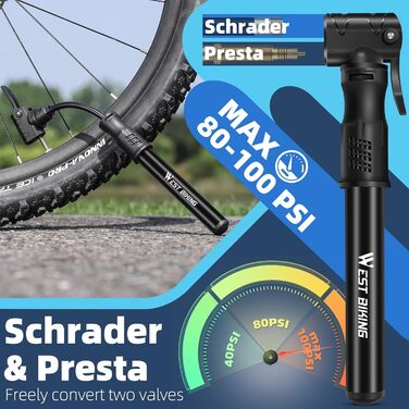 Міні-велосипедний насос West Biking - алюмінієвий повітряний насос для всіх вентилів, портативний маленький велосипедний насос, швидке накачування шин, легкий міні-велосипедний насос для гірського велосипеда, шосейного велосипеда, насос для кульок 1