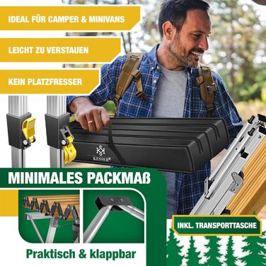 Складаний кемпінговий стіл KESSER з алюмінієвим каркасом, зсувна стільниця, регульована висота, 120x70 см - витримує до 100 кг, в комплекті сумка для перенесення з ремінцем та сітчастою кишенею, під дерево, 120 см x 70 см