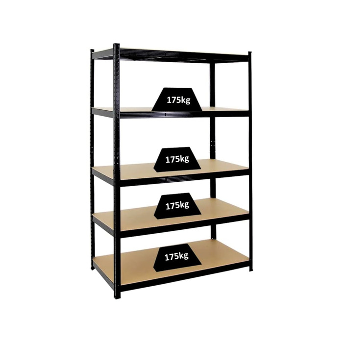 Надміцний стелаж Taurus Black 180x120x60 см Загальне навантаження 875 кг Стелаж для підвалу, стелаж без болтів, гаражний стелаж, стелаж для зберігання 180x120x60 см - Навантаження на полицю 175 кг Чорний