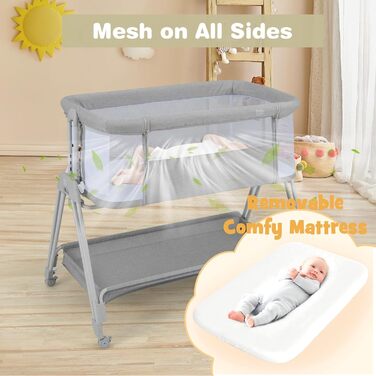 Дитяча колиска LIFEZEAL з регульованою висотою, портативна приліжкова колиска 90 x 50 см, дитяче ліжко 3-в-1 з матрацом, дорожнє ліжечко для малюків 0-6 місяців, приліжкова колиска з дихаючою сіткою (світло-сірий)