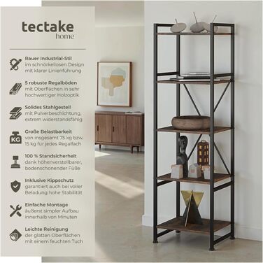 Книжкова полиця tectake Industrial Design, Відкритий стелаж з 5 полицями, Вінтажна окремостояча полиця із захистом від перекидання, Вузька полиця для офісу, вітальні, кухні, 47,5x34,5x151,5 см - Темне дерево в індустріальному стилі, Рустикальний темно-кор