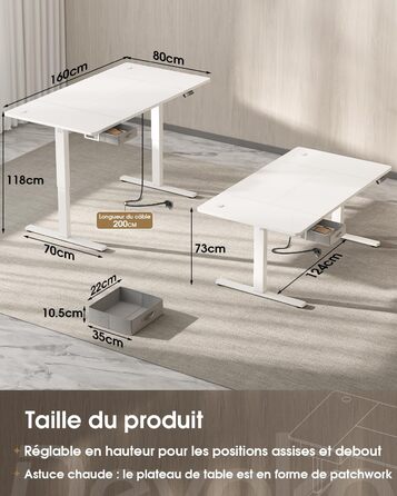 Письмовий стіл з регульованою висотою 160x80 см, Стіл з регульованою висотою та висувними ящиками, порт зарядки USB-A, комп&39ютерний стіл з лотком для кабелів, стіл для роботи стоячи з 3 функціями пам&39яті, білий, 160 x 80 см
