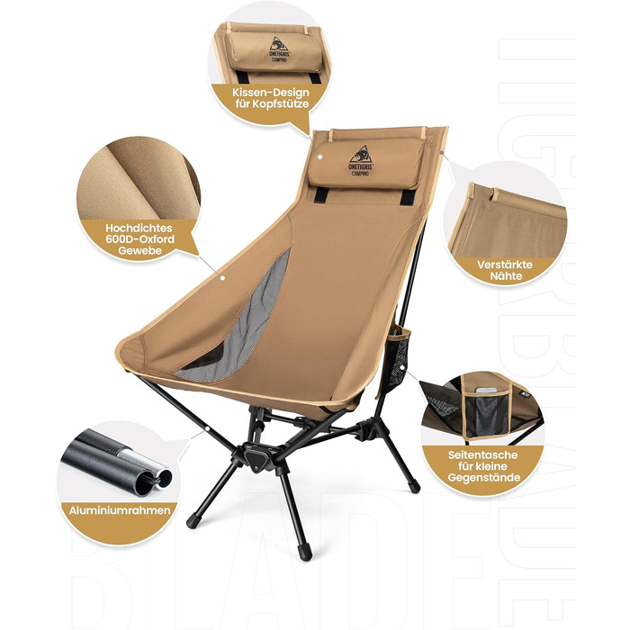 Крісло для кемпінгу OneTigris TIGERBLADE, висока спинка, складне, вантажопідйомність 150 кг, легка трикутна рама, складне рибальське крісло з 2 боковими кишенями, надлегке складне крісло для використання на свіжому повітрі, для походів, колір койот-коричн