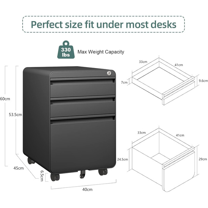 Металевий контейнер на колесах Dripex, сталевий контейнер на колесах з 3 шухлядами та підвісною системою для документів, офісна шафа, що замикається, офісний контейнер, 5 коліс, шафа для документів, 40 x 45 x 60 см, чорний, 40 x 45 x 60 см