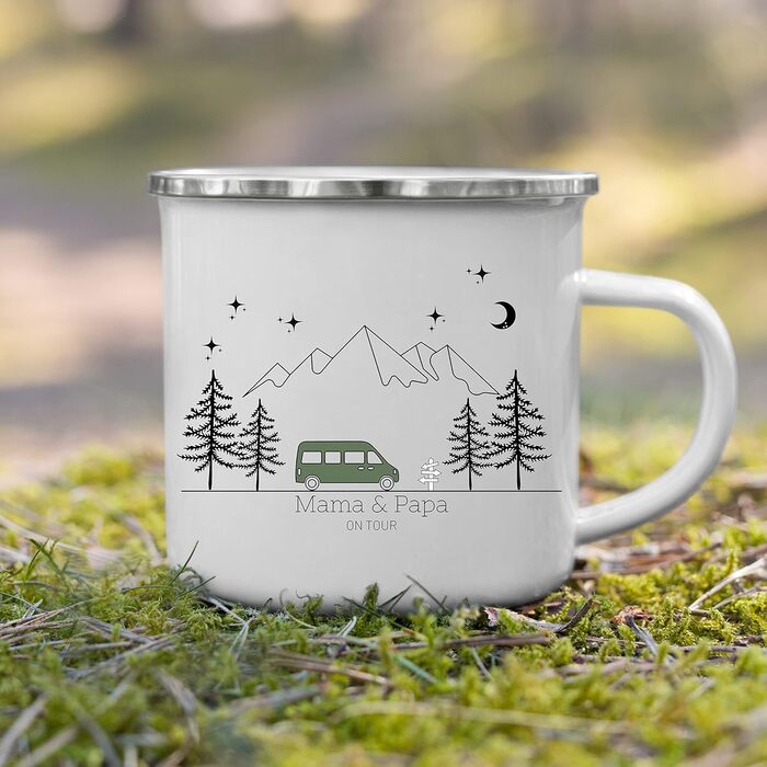 Емальована кружка Маленька Матильда, барвиста персоналізована кемпінгова кружка з іменем для кемперів, кавова кружка, аксесуар для караванів, кружка з нержавіючої сталі, подарунок для кемперів (зелений колір)
