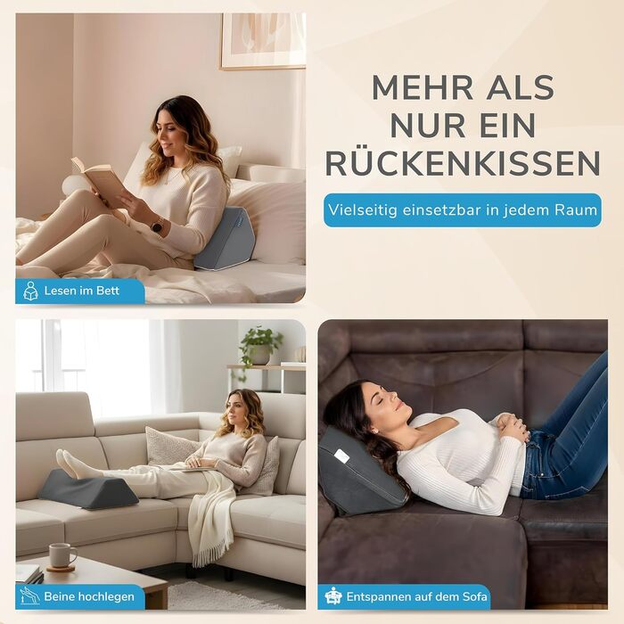 Подушка для спини для ліжка та дивана (сіра) Клиноподібна подушка та подушка для читання для дорослих - Підтримуюча подушка для колін, ніг, спини, пролежнів - Подушка для сидіння ліжка для нахилу та підйому - Ортопедична подушка для спини