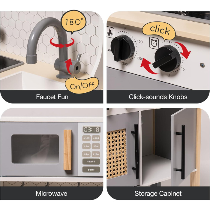 Дитяча ігрова кухня ROBUD, дерев'яна ігрова кухня зі звуками та світлом, сучасна вінтажна ігрова кухня для малюків, подарунок для хлопчиків та дівчаток, від 3 років (сірий) темно-синій