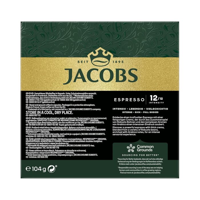 Кавові капсули Jacobs Espresso Ristretto, інтенсивність 12/12, 10 x 20 напоїв, кавові капсули, сумісні з Nespresso*, 200 капсул (20 шт. , упаковка по 10 шт. )