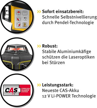 В системний поперечний лазер LAX 600, самовирівнюється, 3 x 360 червоні лазерні лінії, макс. дальність 30 м, акумуляторна батарея CAS і зарядний пристрій (ЄС), універсальний настінний кронштейн, кейс для перенесення, 19793, жовтий, 7 частин, з акумуляторн