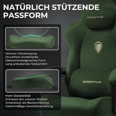 Ергономічне ігрове крісло Dowinx з масажною поперековою подушкою, регульованим по висоті підголівником, потовщеною подушкою сидіння, висувною підставкою для ніг, регульованими підлокітниками, велюр з мікрофібри, кут нахилу 155, зелене