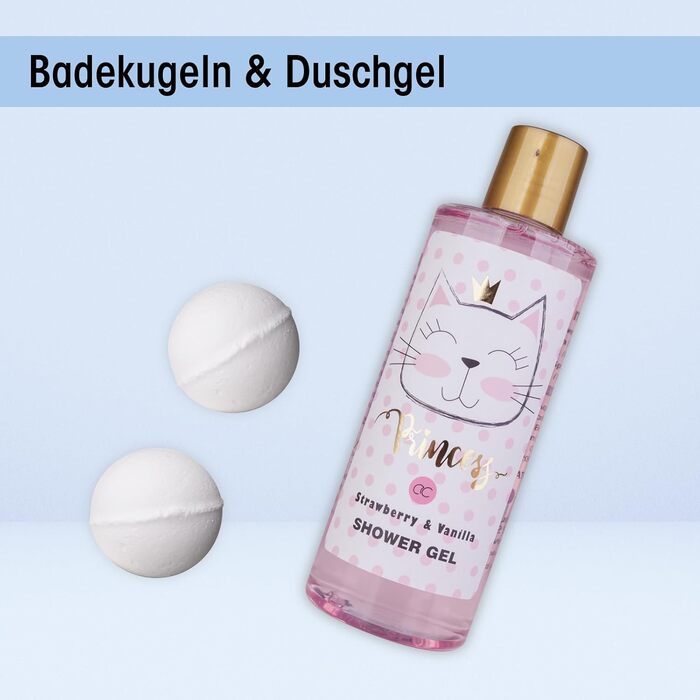 Подарунковий набір Принцеса Кітті для дівчаток та жінок Набір для душу із 7 предметів піна для ванни, скраб, гель для душу, лосьйон для тіла та багато іншого Набір для догляду за собою з ароматом полуниці та ванілі в милій подарунковій коробці