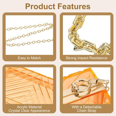 Прозора сумка-клатч QUARKZMAN для жінок, акрилова сумка через плече з квадратною формою та знімним ланцюжком для подорожей та офісу, помаранчево-золота