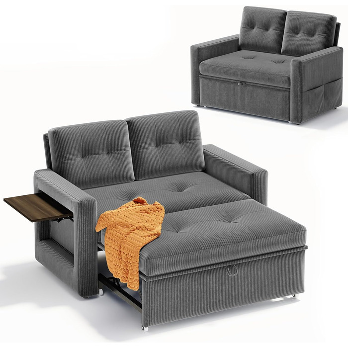 Диван YOUDENOVA з функцією сну, Розкладний диван з 5-позиційною регульованою спинкою, Диван-ліжко зі столиком та бічною кишенею, 2-місний диван-ліжко 177x135 см, Вельветово-сірий