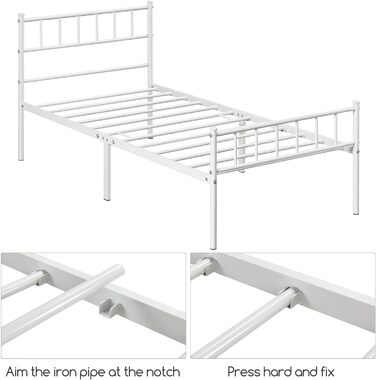 Металеве ліжко Yaheetech 90 x 200 см Каркас ліжка з узголів&39ям Металевий каркас ліжка Гостьове ліжко з рейковою основою для спальні Гостьова кімната Білий Білий 90 x 200 см