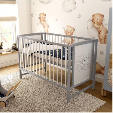 Дитяче ліжечко Baby Delux 60x120 біло-сіре з матрацом ведмежий мотив з перекладинами