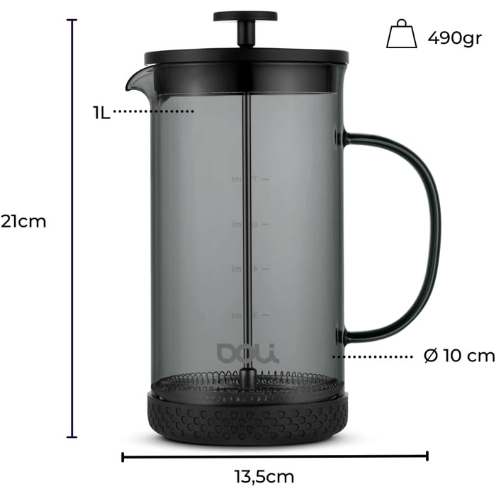 Скло френч-прес Doli 1 л, кавоварка на 1-6 чашок, тонкий фільтр з нержавіючої сталі для чистого аромату, вогнетривкий і безпечний для миття в посудомийній машині, в т.ч. дозуюча ложка (чорна)