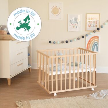 Манеж roba 75 x 100 см з вкладишем Star Magic Grey - манеж із захисним вкладишем та колесами - регульований по висоті та мобільний - натуральне дерево