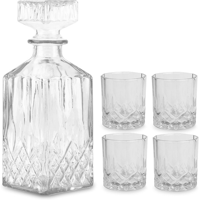 Графин для віскі Krollmann 900 мл з 4 склянками для віскі - скляний графин у вигляді кришталевої пляшки - графин для віскі для сер