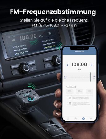 Адаптер автомобільного радіо UGREEN Bluetooth FM-передавач, автомобільний зарядний пристрій USB C потужністю 20 Вт PD і адаптер живлення QC з гучним зв'язком, бездротовий музичний плеєр Bluetooth 5.0 підтримує USB-флеш-накопичувач і TF-карту